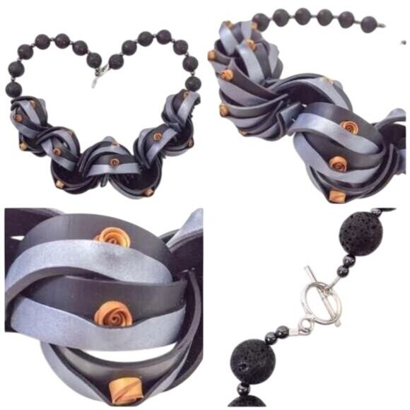 RARE 2010 NIB Handmade Polymer Clay Black, Gold & Gray Necklace, Earrings & Brac - Picture 2 of 9